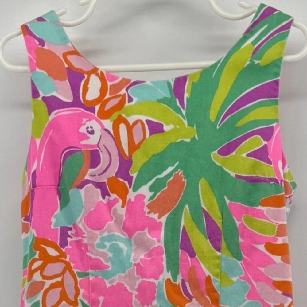 Lilly Pulitzer Girls Pink Green Flamingo Palm Shift Dress Tassel Hem Size 7